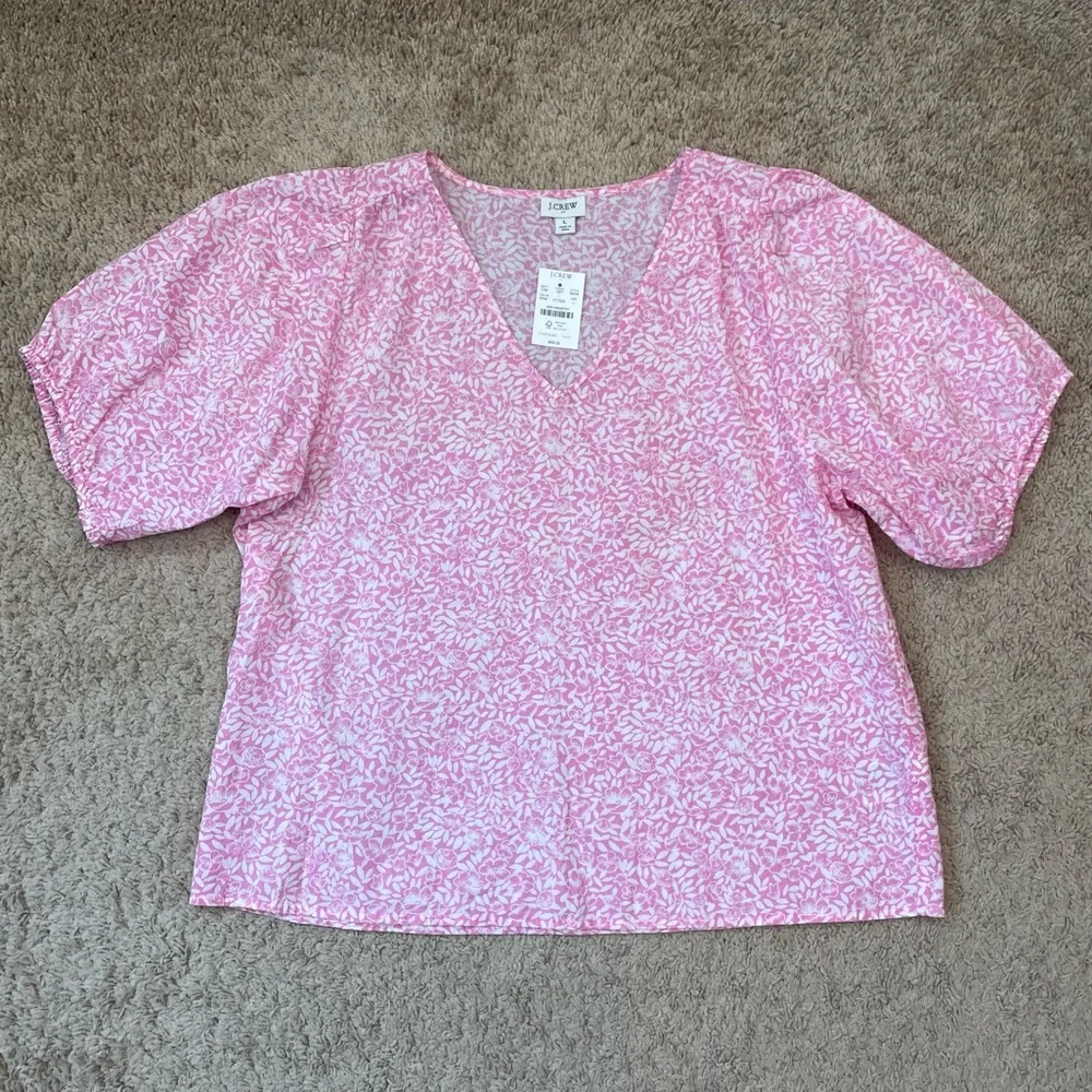 J. Crew Cotton V-Neck Puff-Sleeve Floral Womens Pink/White Blouse Size Large NEW